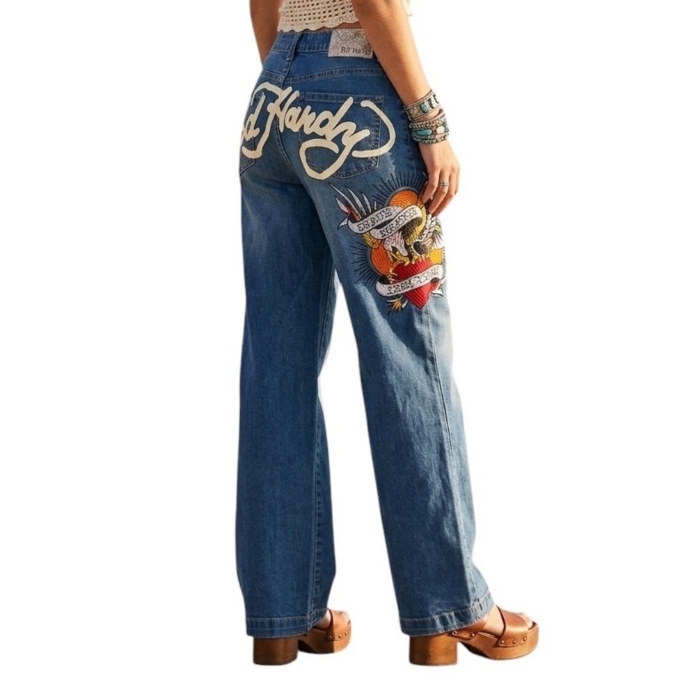 Ed Hardy Wide Leg Jeans Brave Hearts Womens 26 Medium Wash Embroidered Eagle Y2K